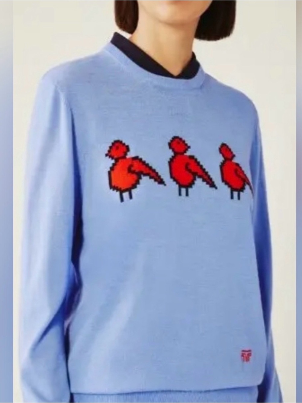 Tory Sport Light Blue Crewneck Birdie Golf Sweater with Red Bird Motif S NWOT
